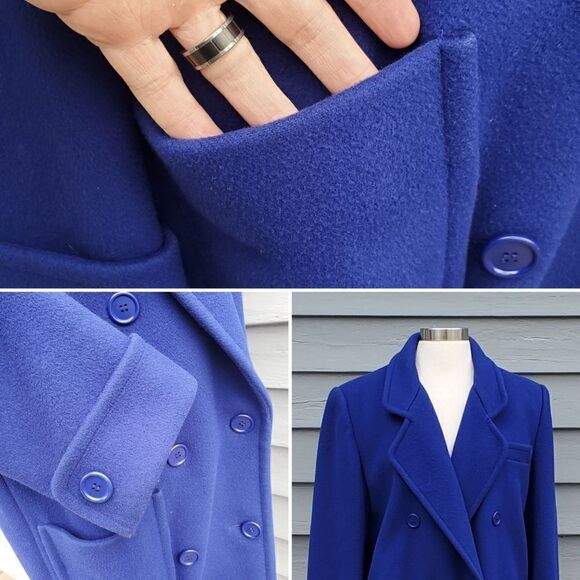 Vintage 80s Preppy Acadamia Royal Blue Virgin Wool Double Breasted Trench Coat 8 - Picture 4 of 6